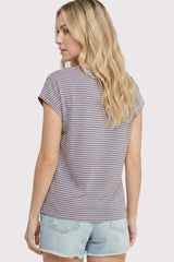 Pink Blue Striped V-Neck Short Sleeve Top