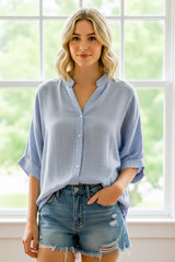 Light Blue Button Down 3/4 Sleeve Blouse