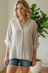 Oatmeal Button Down 3/4 Sleeve Maternity Blouse
