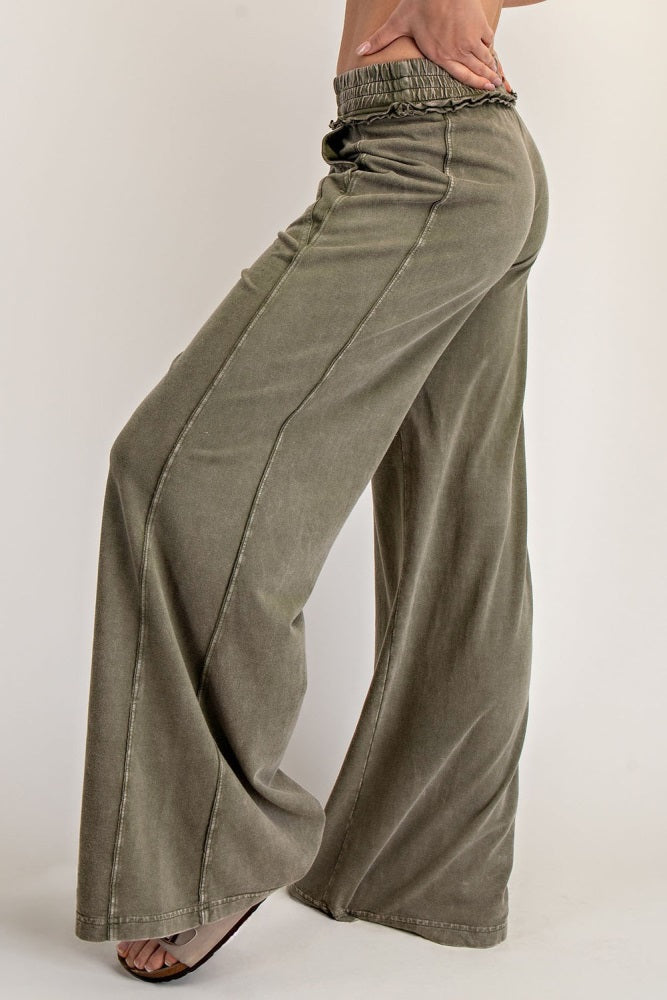 Olive Mineral Wash Wide Leg Pants