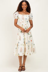 Ivory Floral Puff Sleeve Midi Dress