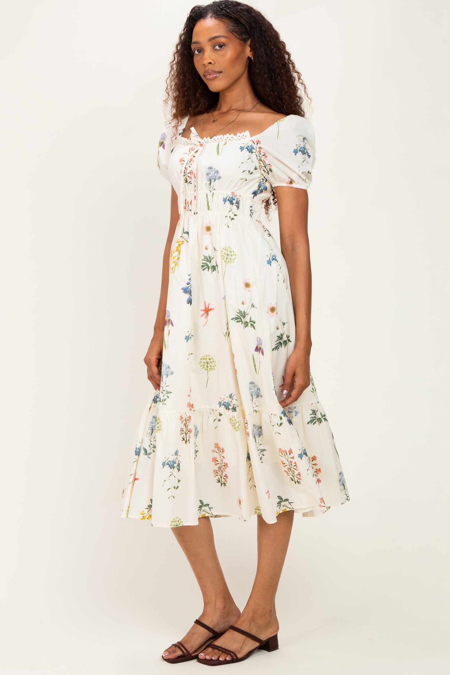 Ivory Floral Puff Sleeve Midi Dress