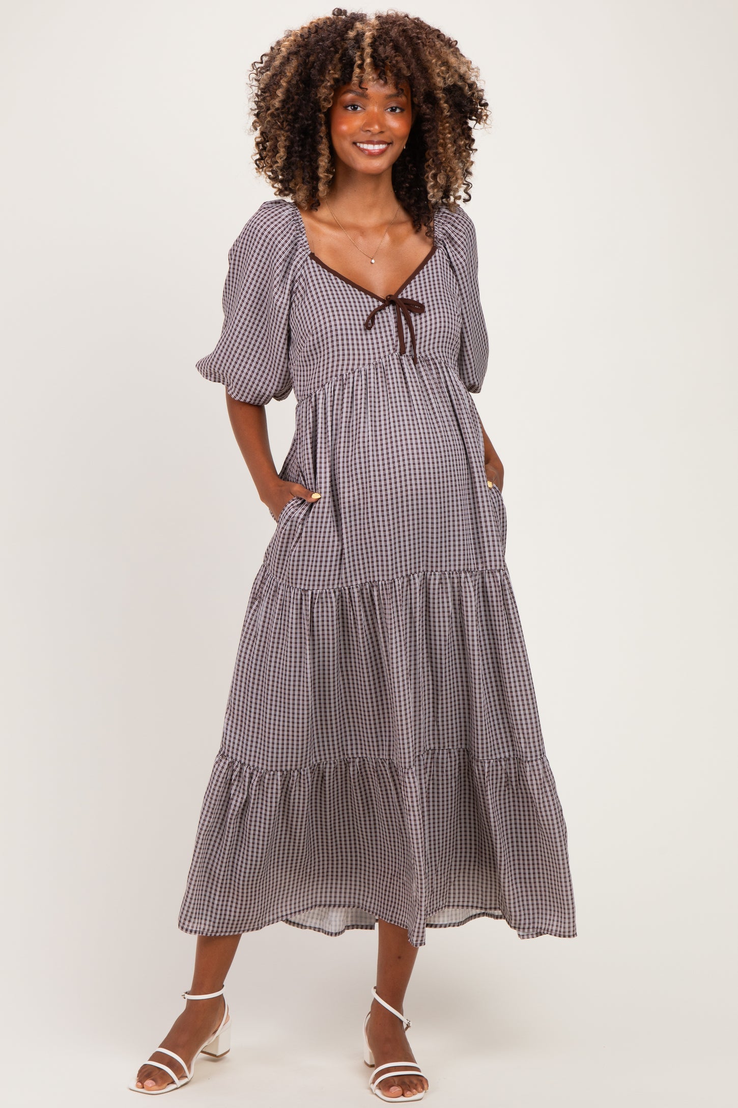 Brown Gingham Puff Sleeve Tiered Maternity Maxi Dress