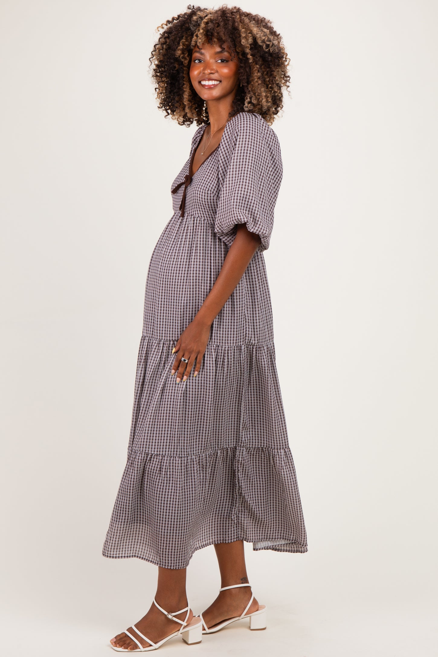 Brown Gingham Puff Sleeve Tiered Maternity Maxi Dress