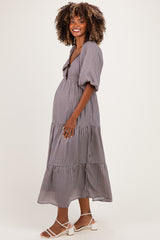 Brown Gingham Puff Sleeve Tiered Maternity Maxi Dress