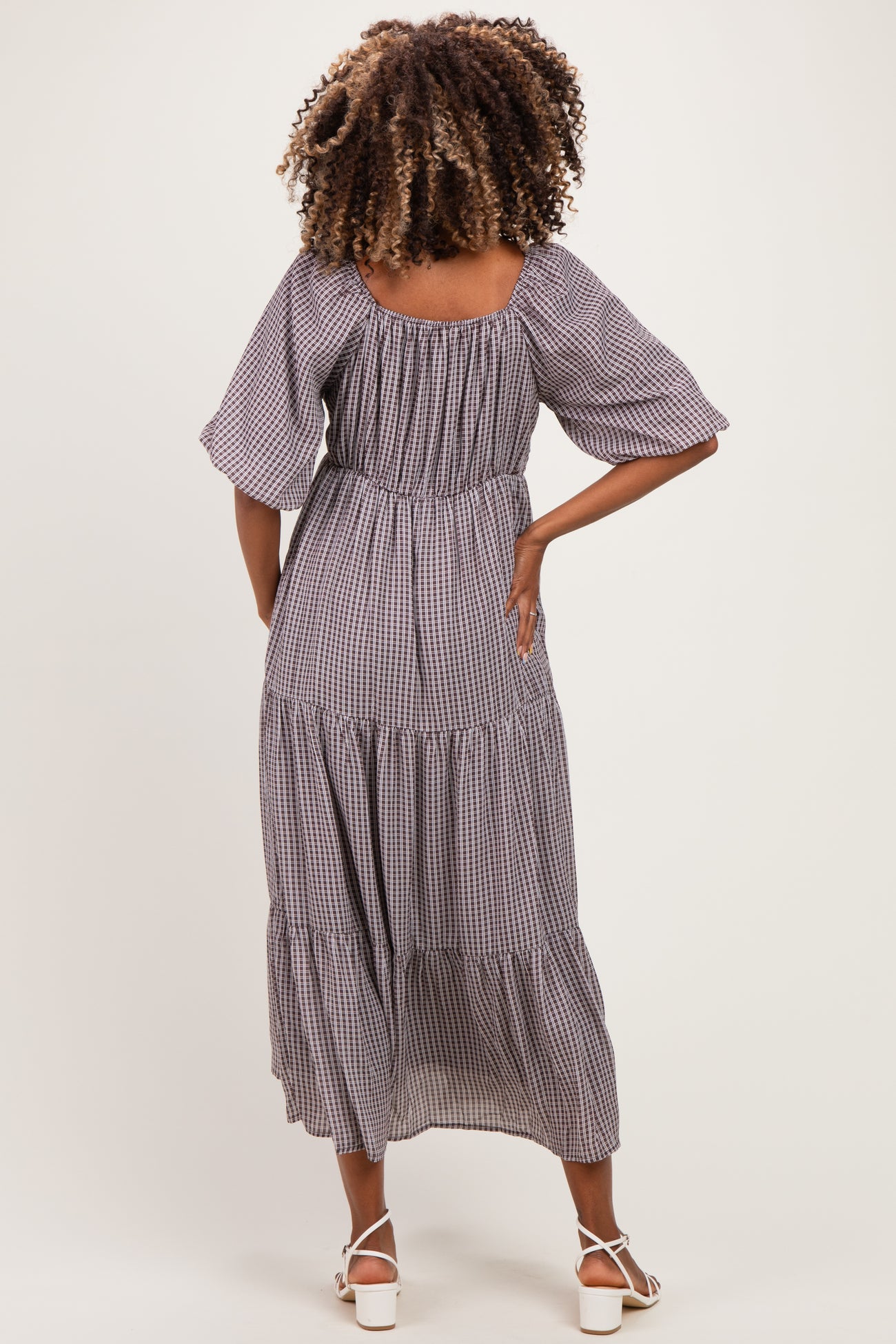 Brown Gingham Puff Sleeve Tiered Maternity Maxi Dress