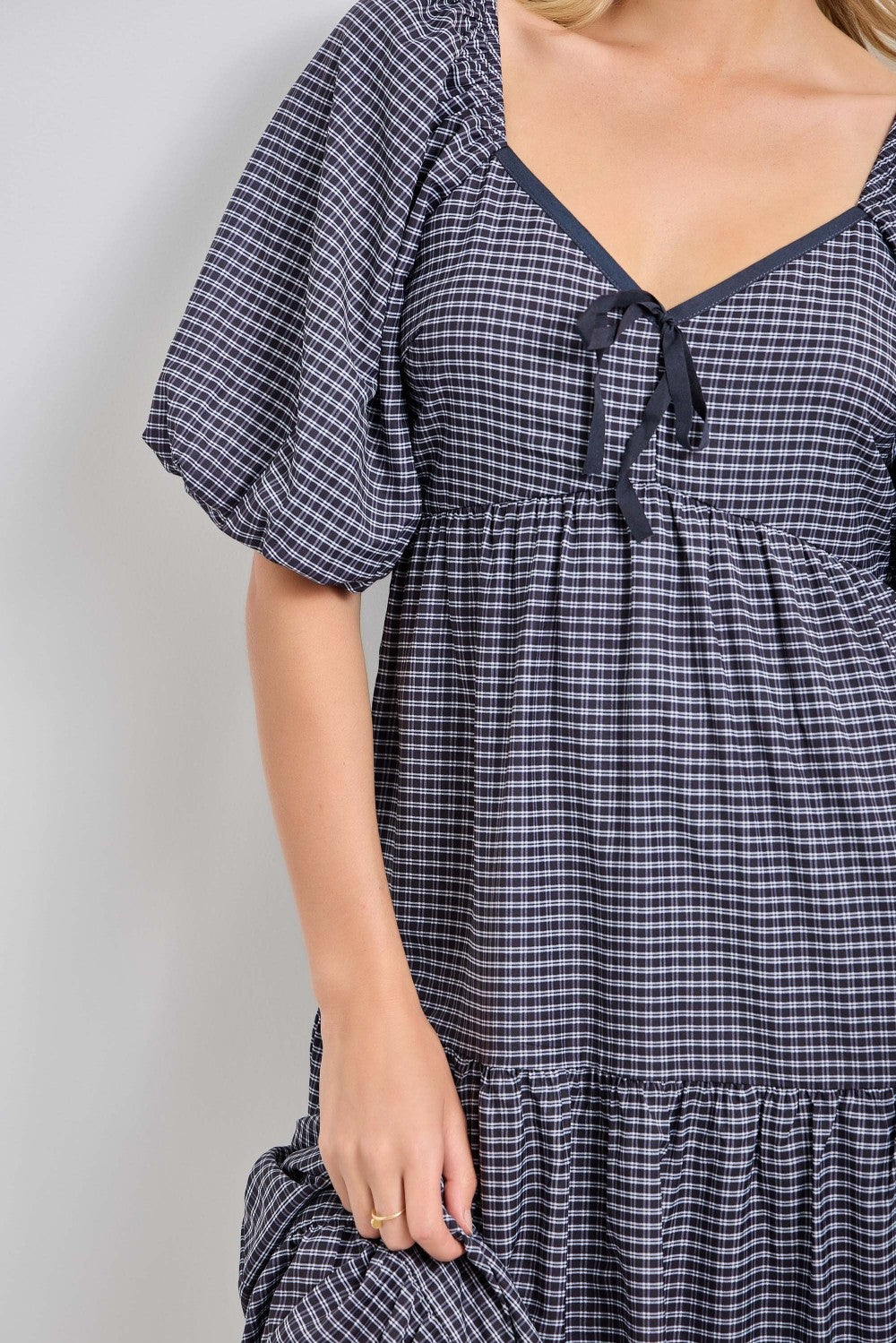 Navy Gingham Puff Sleeve Tiered Maxi Dress