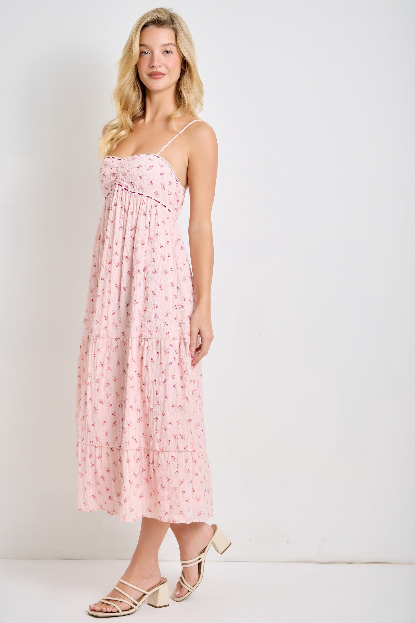 Light Pink Floral Ribbon Detail Midi Dress