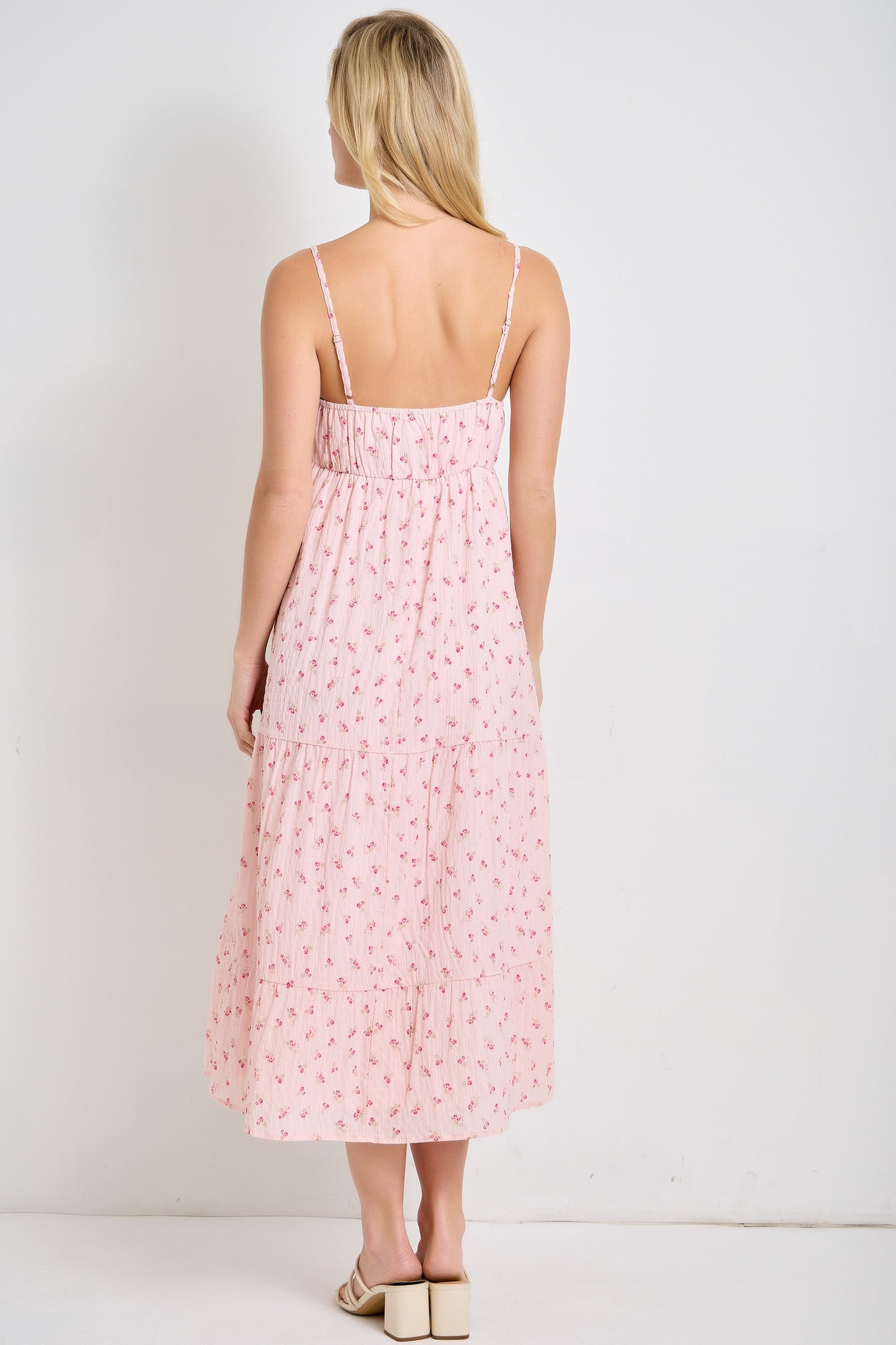 Light Pink Floral Ribbon Detail Midi Dress