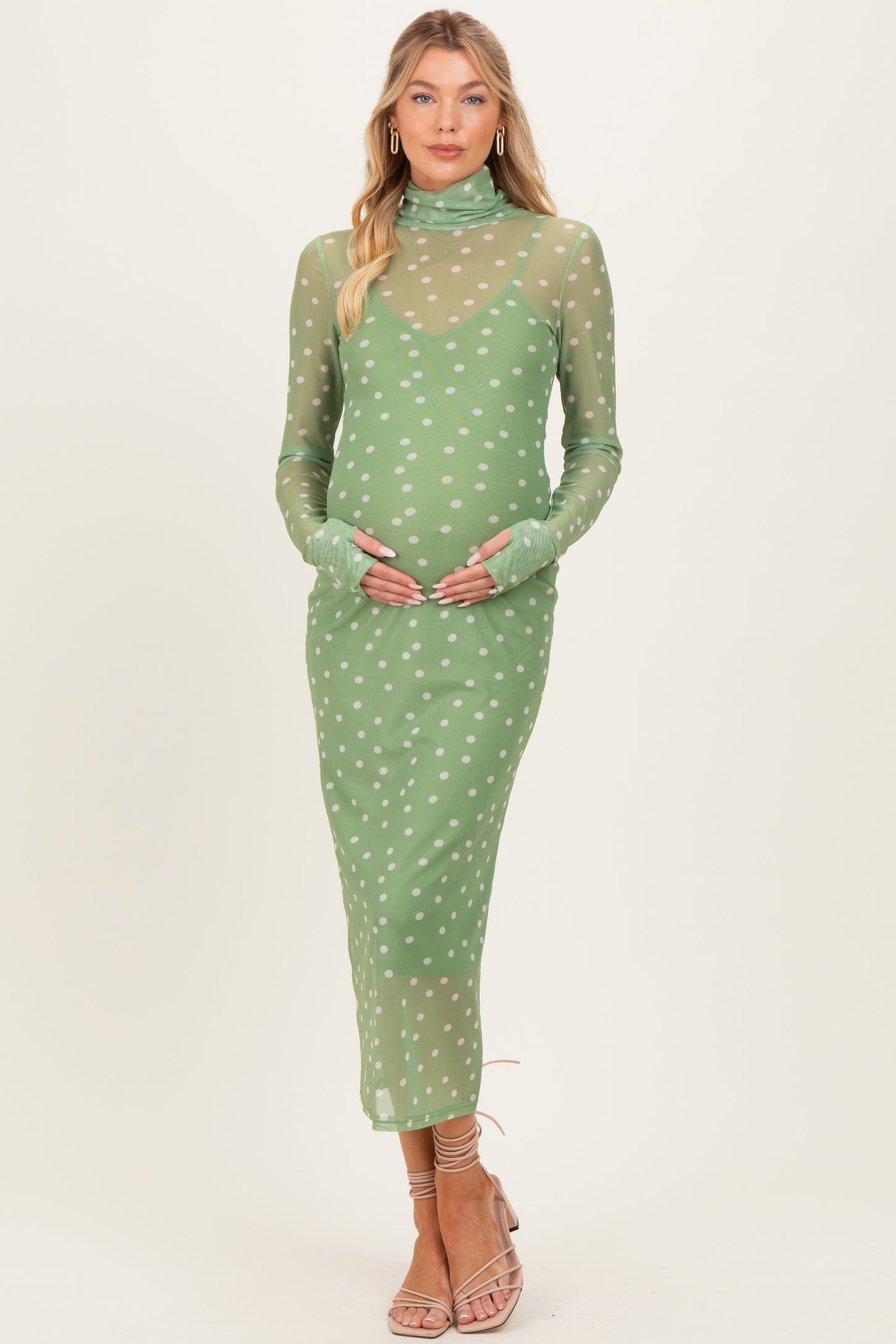 Kiwi Polka Dot Mesh Overlay Maternity Midi Dress