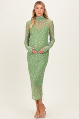 Kiwi Polka Dot Mesh Overlay Maternity Midi Dress
