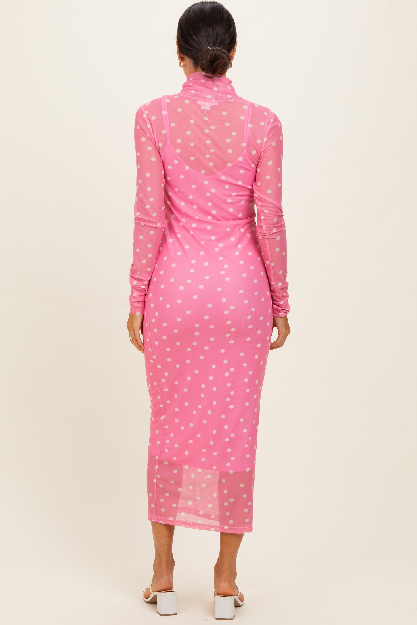 Pink Polka Dot Mesh Overlay Midi Dress