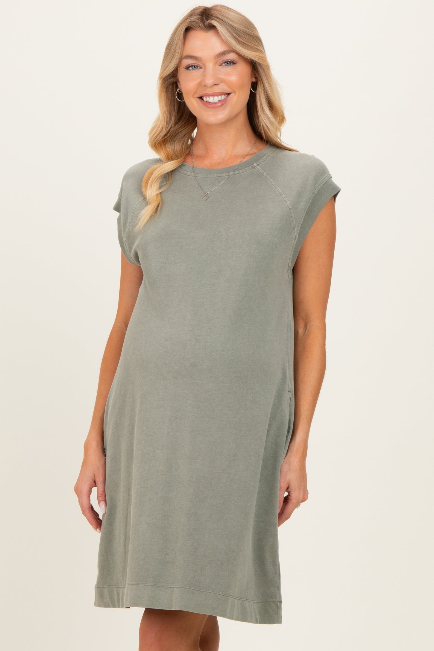 Olive Garment Washed Casual Capped Sleeve Maternity Dress