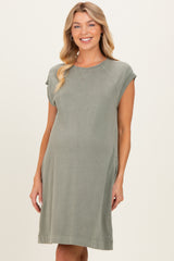 Olive Garment Washed Casual Capped Sleeve Maternity Dress