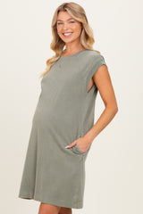 Olive Garment Washed Casual Capped Sleeve Maternity Dress