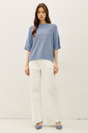 Blue Oversize Cut Sweater Top With Raw Edge