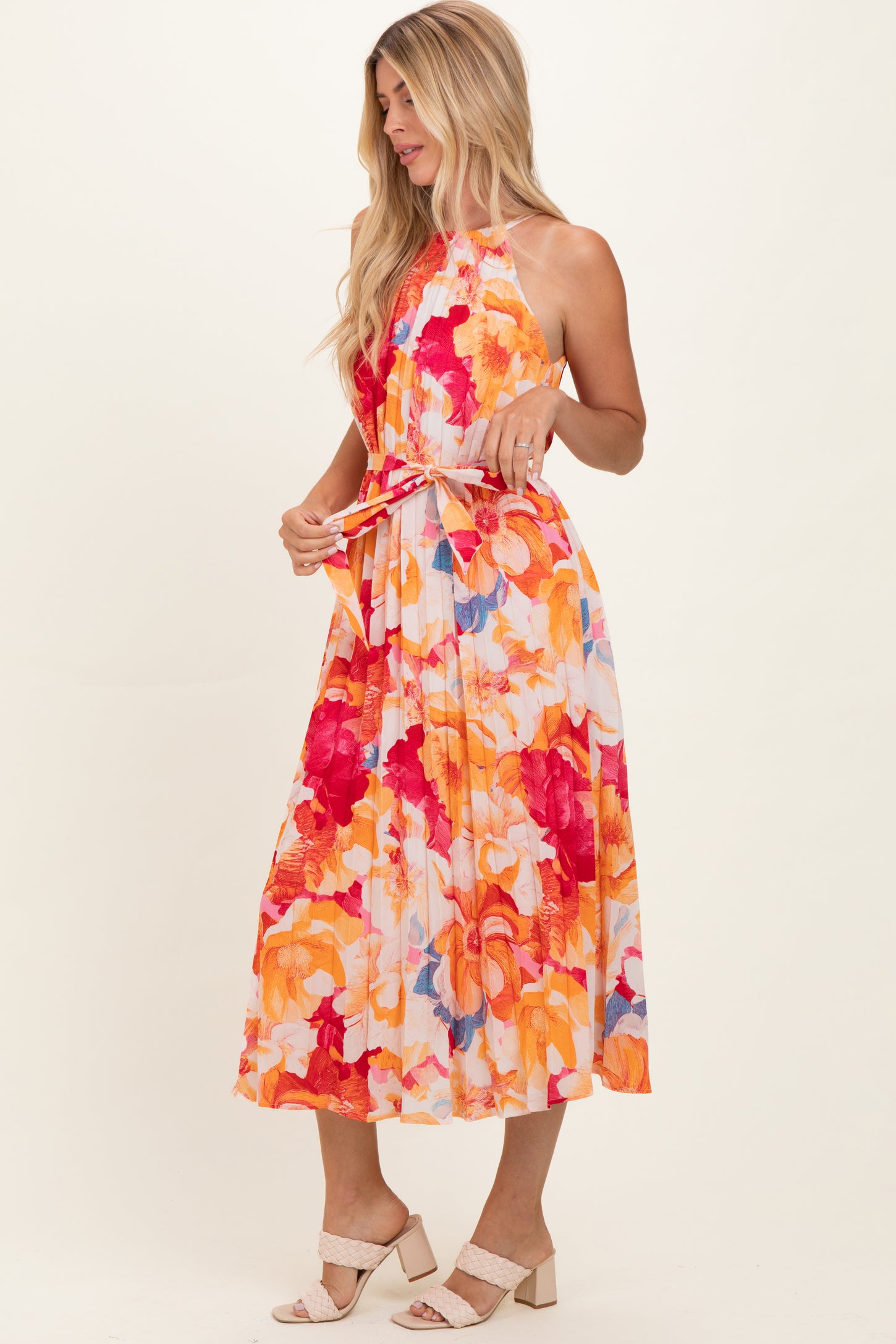 Coral Floral Pleated Midi Dress