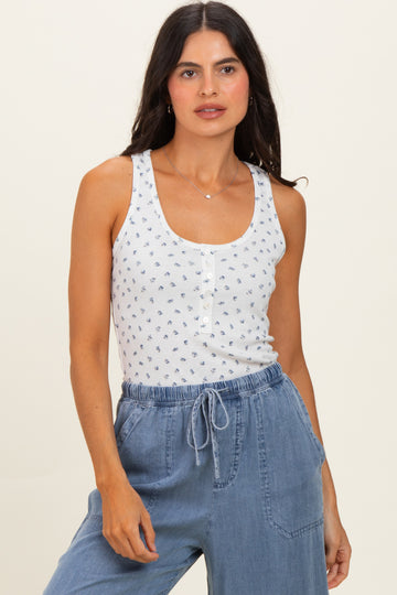 Blue Floral Pointelle Knit Button Tank Top
