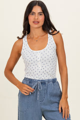 Blue Floral Pointelle Knit Button Tank Top