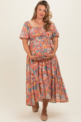 Pink Floral Smocked Puffed Sleeve Maternity Plus Midi Dress