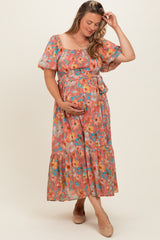Pink Floral Smocked Puffed Sleeve Maternity Plus Midi Dress
