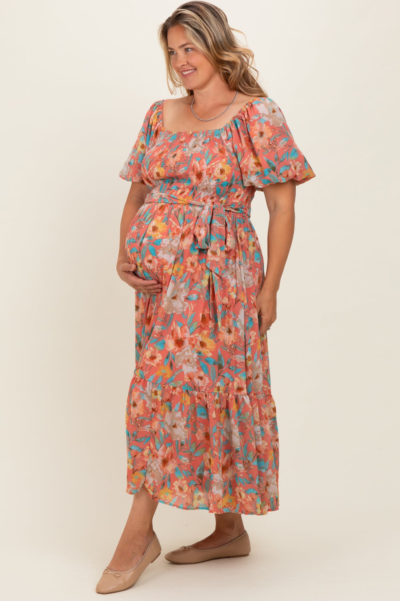 Pink Floral Smocked Puffed Sleeve Maternity Plus Midi Dress