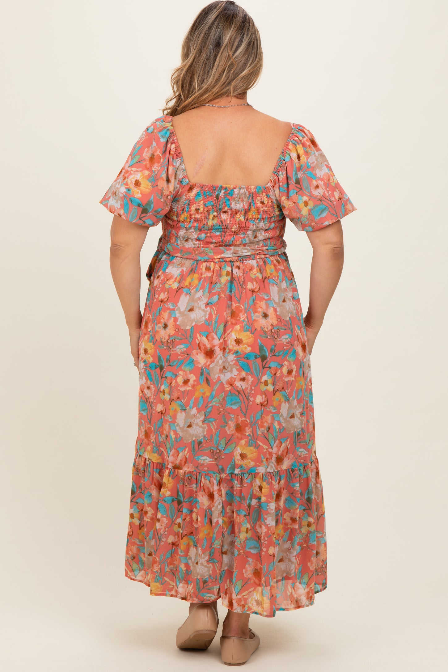 Pink Floral Smocked Puffed Sleeve Maternity Plus Midi Dress