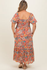 Pink Floral Smocked Puffed Sleeve Maternity Plus Midi Dress