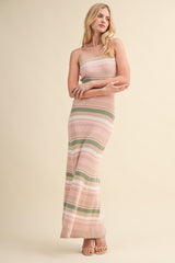 Pink Multi Striped Strapless Flare Maxi Dress