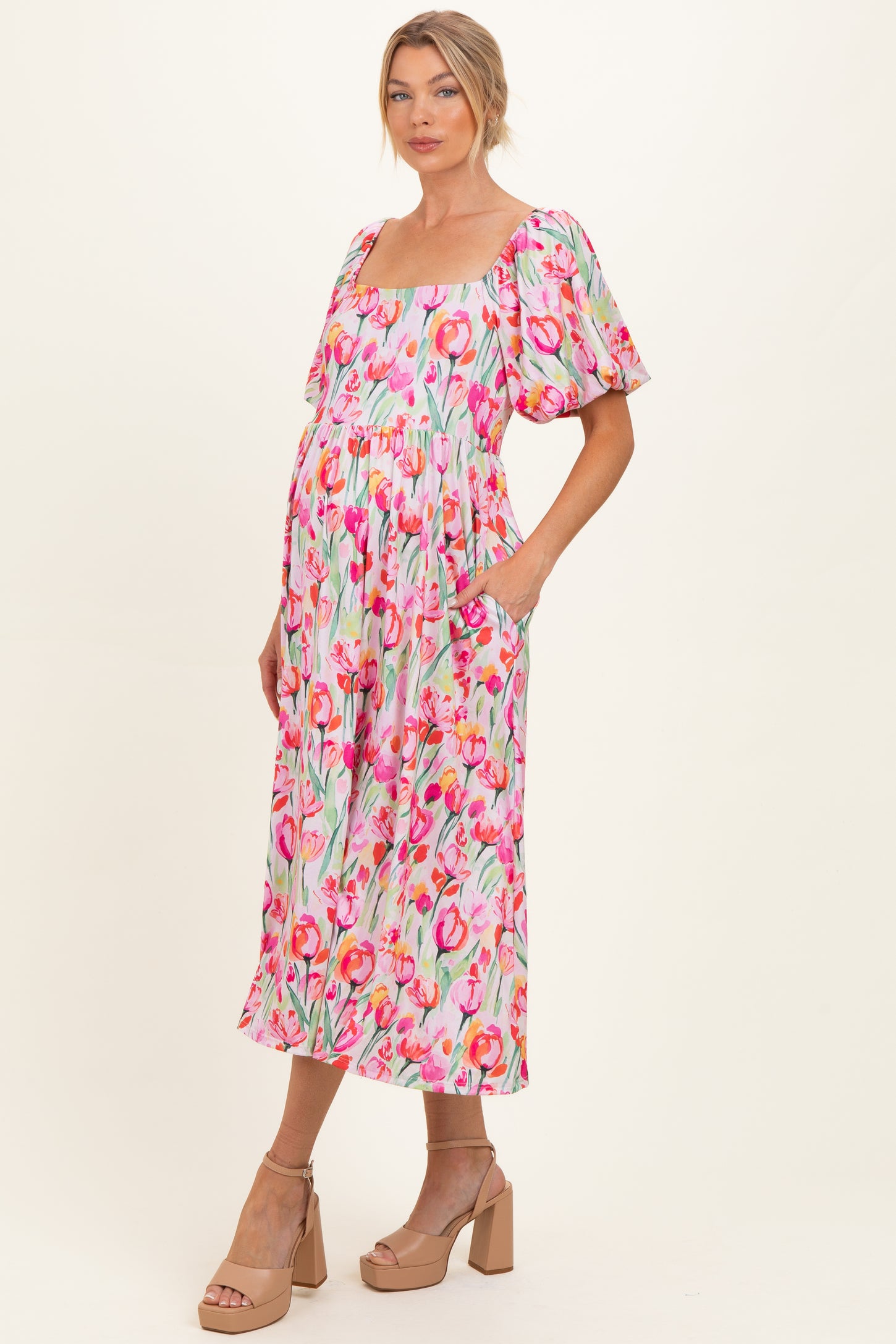 Pink Floral Square Neck Babydoll Maternity Maxi Dress