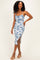 Blue Floral Mesh Ruched Crossback Midi Dress