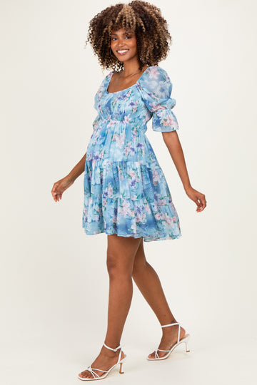 Light Blue Floral Smocked Tiered Maternity Mini Dress