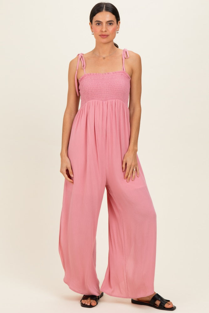 Mauve Smocked Wide Leg Adjustable Strap Jumpsuit