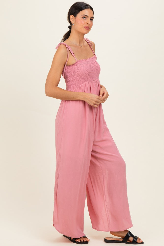 Mauve Smocked Wide Leg Adjustable Strap Jumpsuit