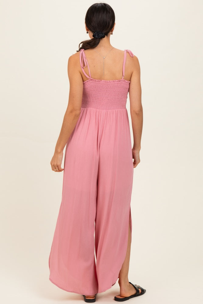 Mauve Smocked Wide Leg Adjustable Strap Jumpsuit