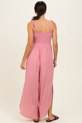 Mauve Smocked Wide Leg Adjustable Strap Jumpsuit