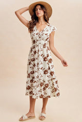 Brown Floral Button Detail Maternity Midi Dress