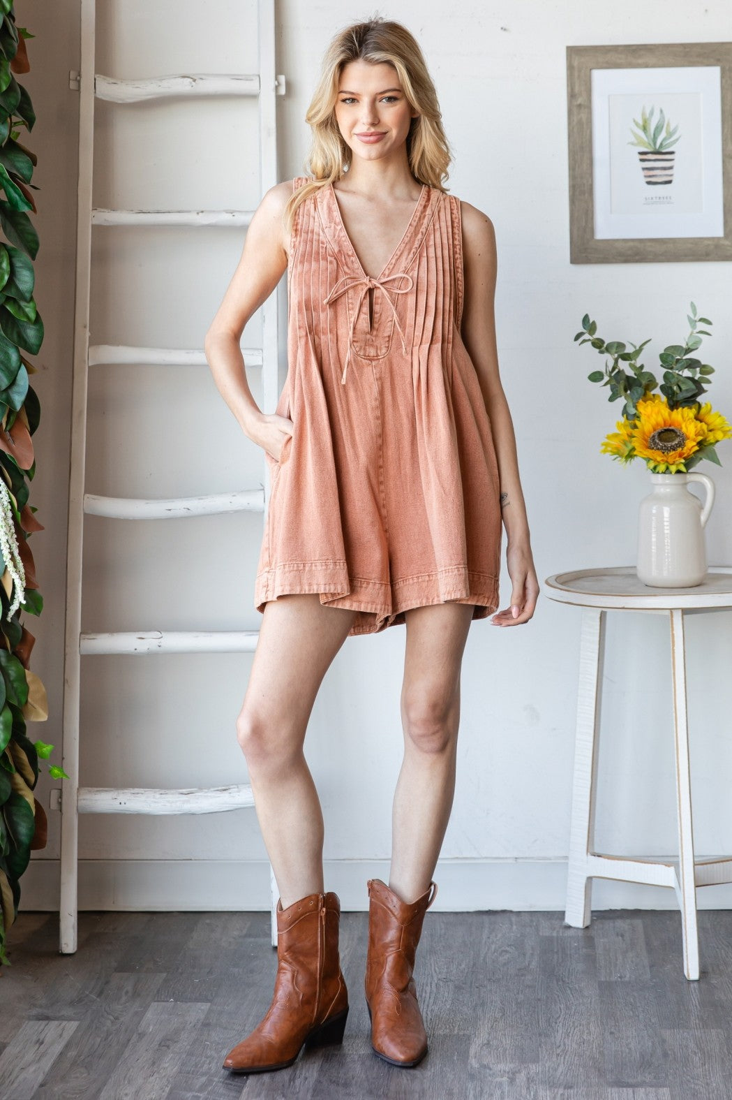 Brick Deep V-Neck Pleated Front Tie Sleeveless Romper