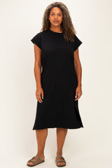 Black Plus Round Neck Maternity Short Sleeve Midi Dress