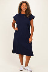 Navy Plus Round Neck Maternity Short Sleeve Midi Dress
