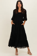 Black Lace Smocked Maternity Midi Dress