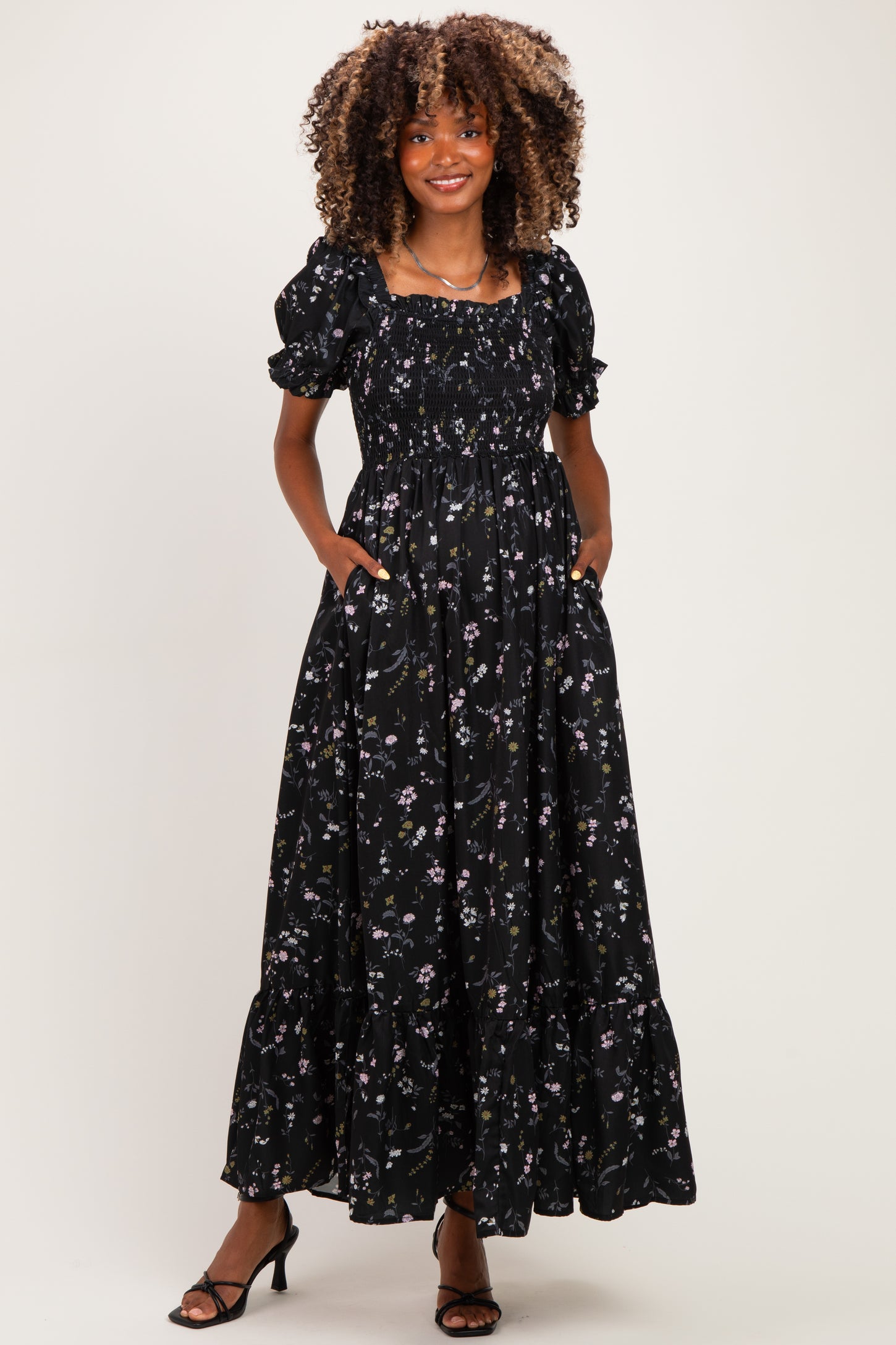 Black Floral Ruffle Accent Smocked Maternity Maxi Dress