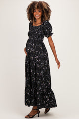 Black Floral Ruffle Accent Smocked Maternity Maxi Dress