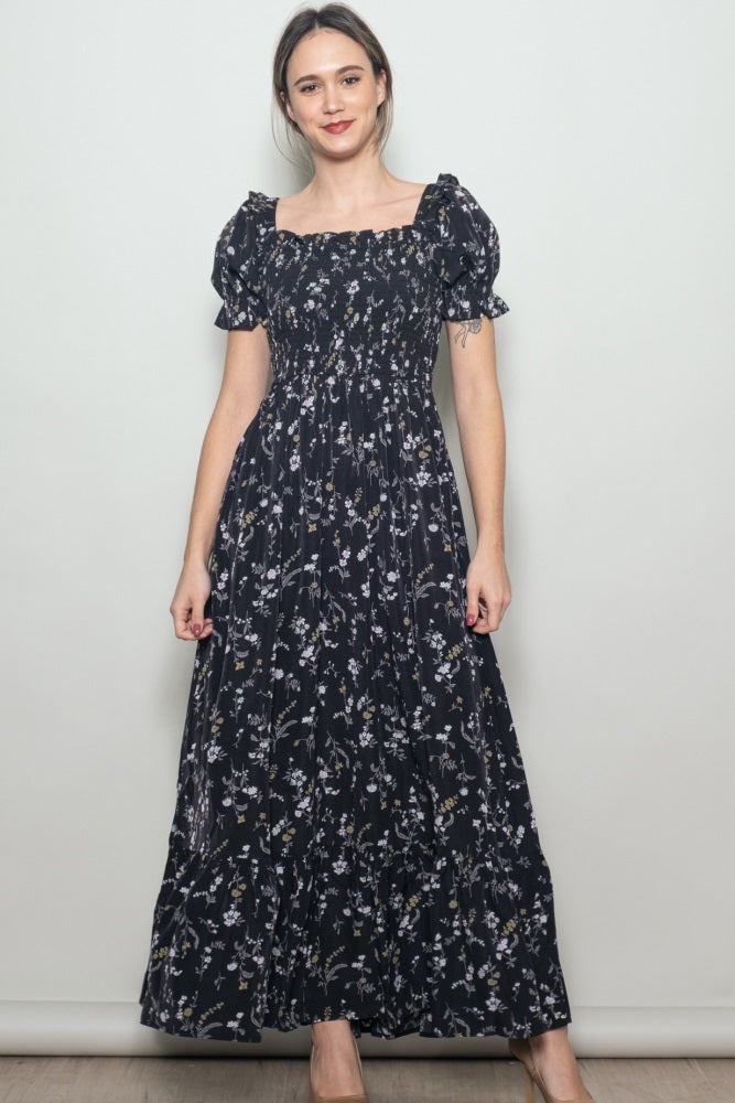 Black Floral Ruffle Accent Smocked Maxi Dress