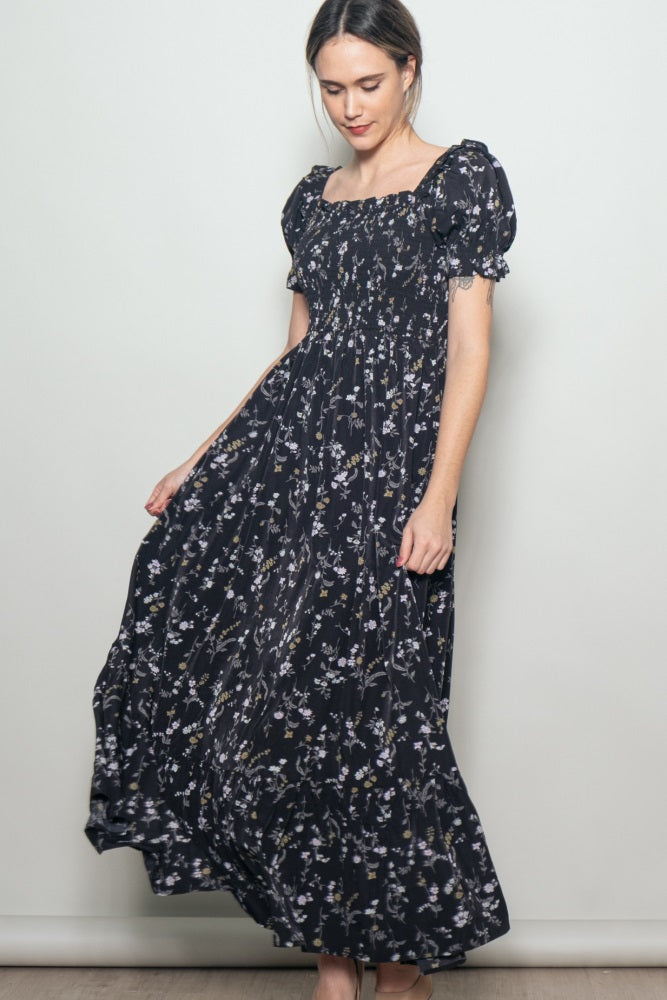 Black Floral Ruffle Accent Smocked Maxi Dress