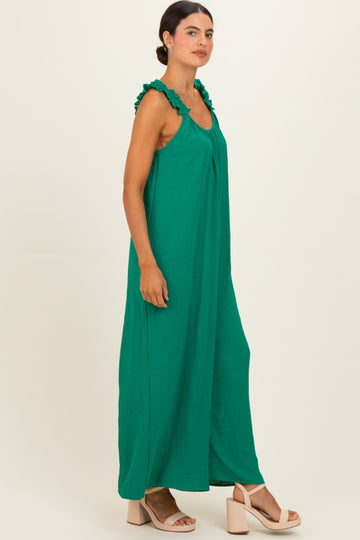 Green Ruffle Strap Wide Leg Jumpsuit