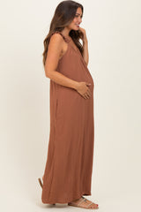 Cappucino Ruffle Strap Maternity Wide Leg Jumpsuit