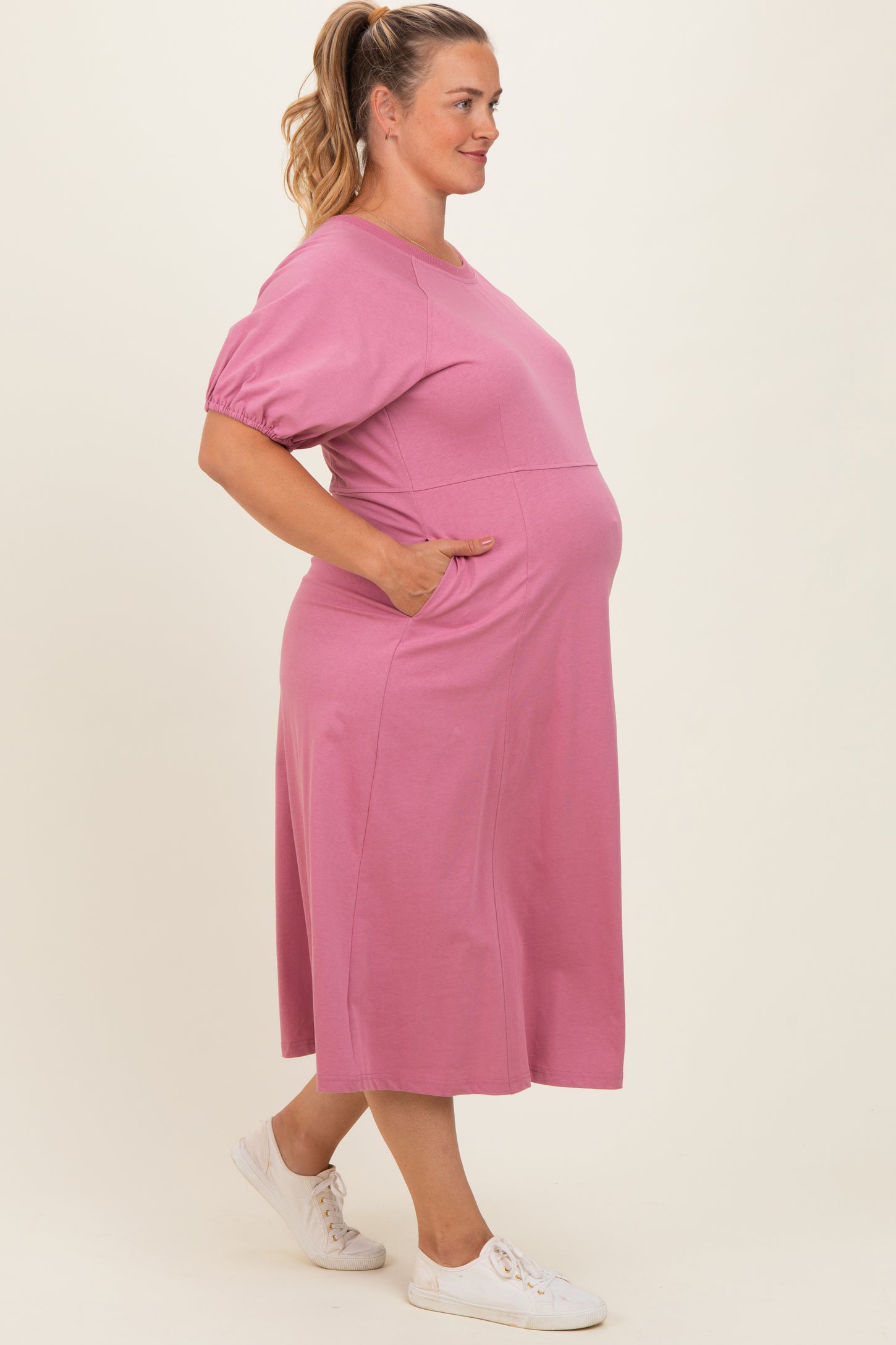 Pink Puff Sleeve Maternity Plus Midi Dress