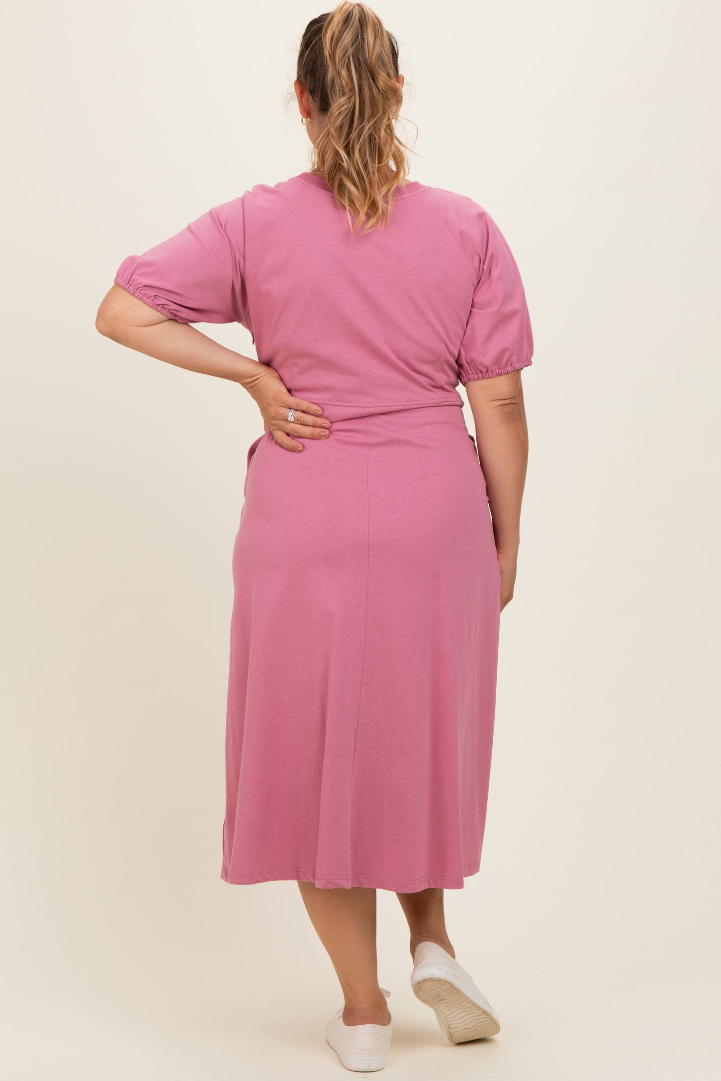 Pink Puff Sleeve Maternity Plus Midi Dress