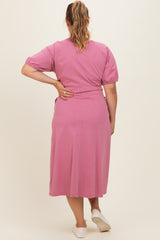 Pink Puff Sleeve Maternity Plus Midi Dress